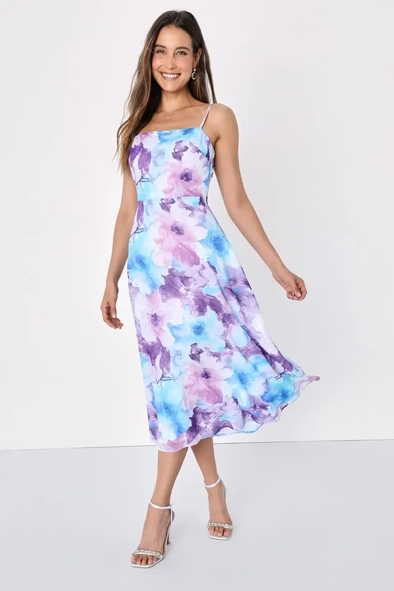 Radiant Feelings Blue and Purple Floral Chiffon Midi Dress sold by Lulus