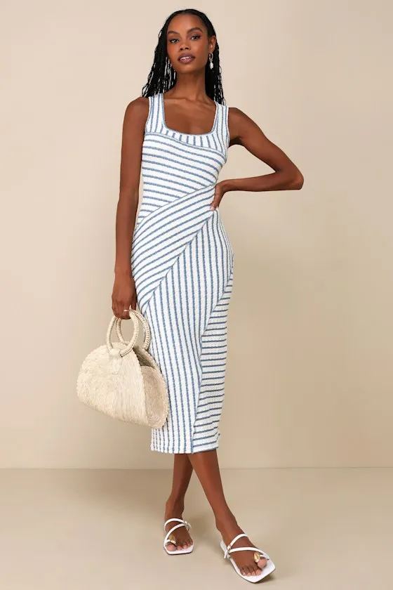 Constantly Trendy Blue Striped Crinkle Bodycon Midi Dress sold by Lulus