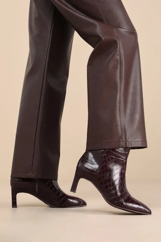 Gradie Chocolate Croc-Embossed Pointed-Toe Ankle Boots sold by Lulus