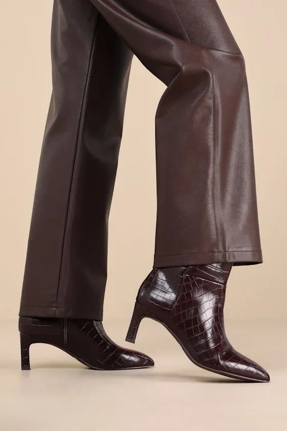 Gradie Chocolate Croc-Embossed Pointed-Toe Ankle Boots sold by Lulus