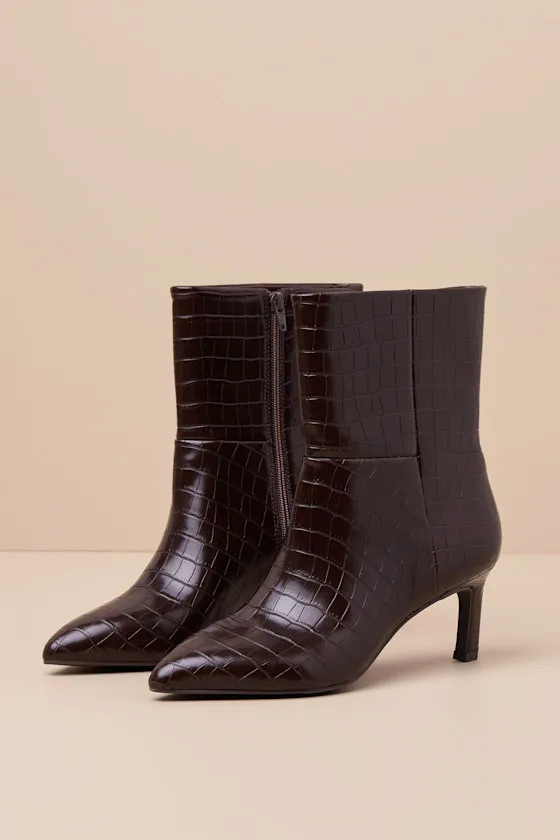 Gradie Chocolate Croc-Embossed Pointed-Toe Ankle Boots sold by Lulus product image thumbnail 2