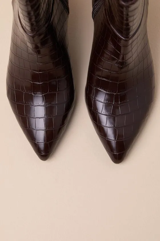 Gradie Chocolate Croc-Embossed Pointed-Toe Ankle Boots sold by Lulus product image thumbnail 3