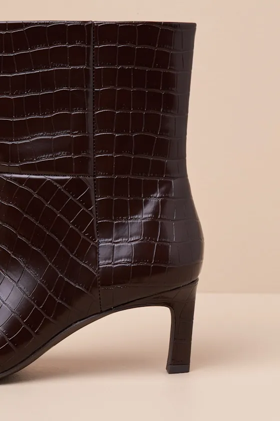 Gradie Chocolate Croc-Embossed Pointed-Toe Ankle Boots sold by Lulus product image thumbnail 4