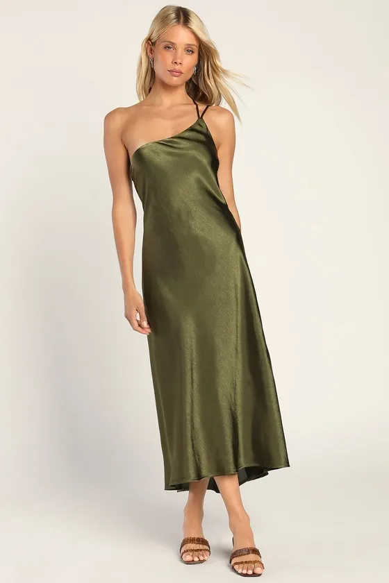 One That Got Away Olive Green Satin One-Shoulder Midi Dress sold by Lulus