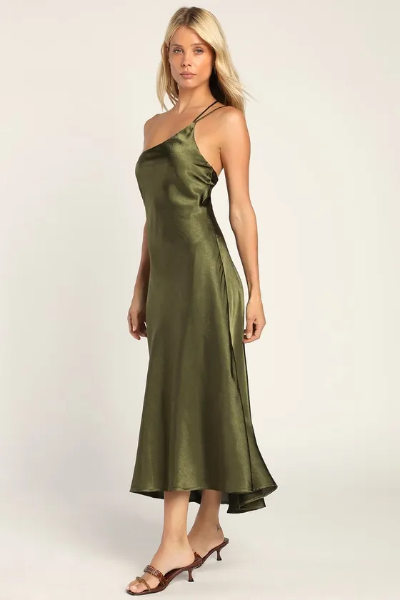 One That Got Away Olive Green Satin One-Shoulder Midi Dress sold by Lulus product image thumbnail 2