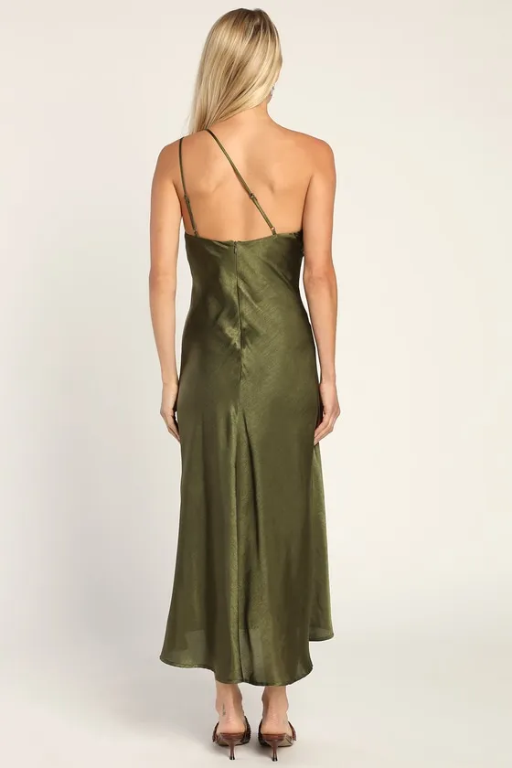One That Got Away Olive Green Satin One-Shoulder Midi Dress sold by Lulus product image thumbnail 3