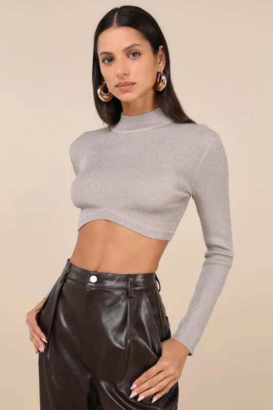 Glittery Scene Taupe Ribbed Lurex Mock Neck Long Sleeve Crop Top sold by Lulus