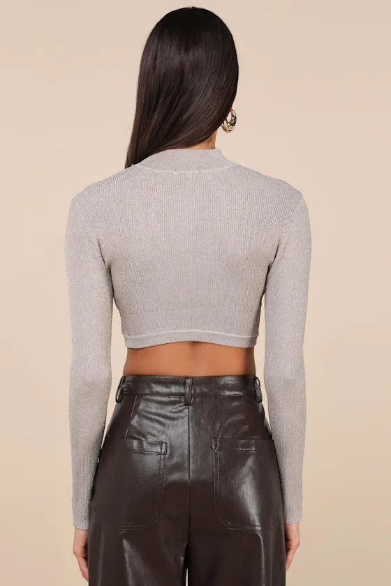 Glittery Scene Taupe Ribbed Lurex Mock Neck Long Sleeve Crop Top sold by Lulus product image thumbnail 2