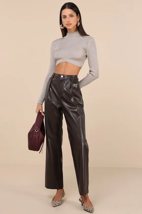 Glittery Scene Taupe Ribbed Lurex Mock Neck Long Sleeve Crop Top sold by Lulus product image thumbnail 3