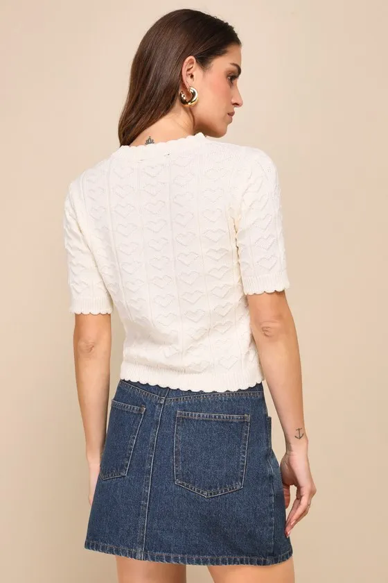 Easily Adorable Ivory Cotton Heart Short Sleeve Sweater Top sold by Lulus product image thumbnail 4