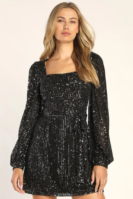 Festive Mood Black Sequin Long Sleeve Mini Dress sold by Lulus