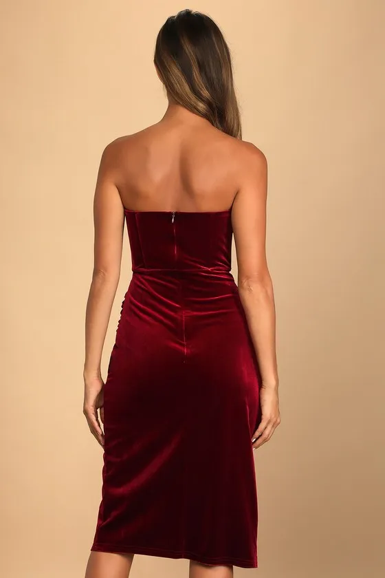 Glamorous Celebrations Wine Red Velvet Strapless Tulip Dress sold by Lulus product image thumbnail 4