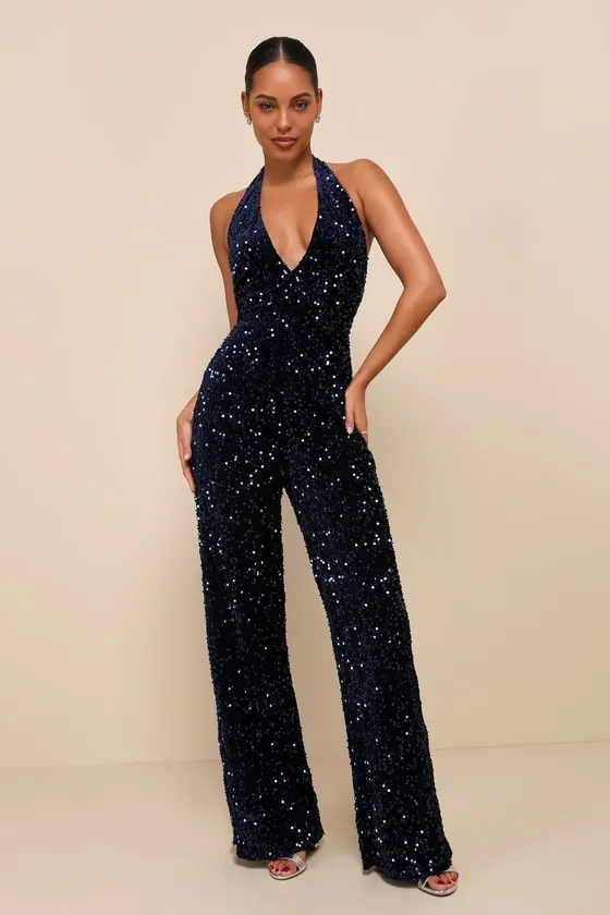 Mesmerizing Diva Navy Blue Sequin Wide-Leg Halter Jumpsuit sold by Lulus