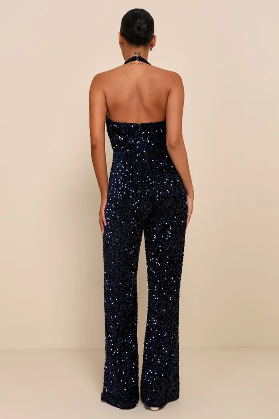 Mesmerizing Diva Navy Blue Sequin Wide-Leg Halter Jumpsuit sold by Lulus product image thumbnail 2