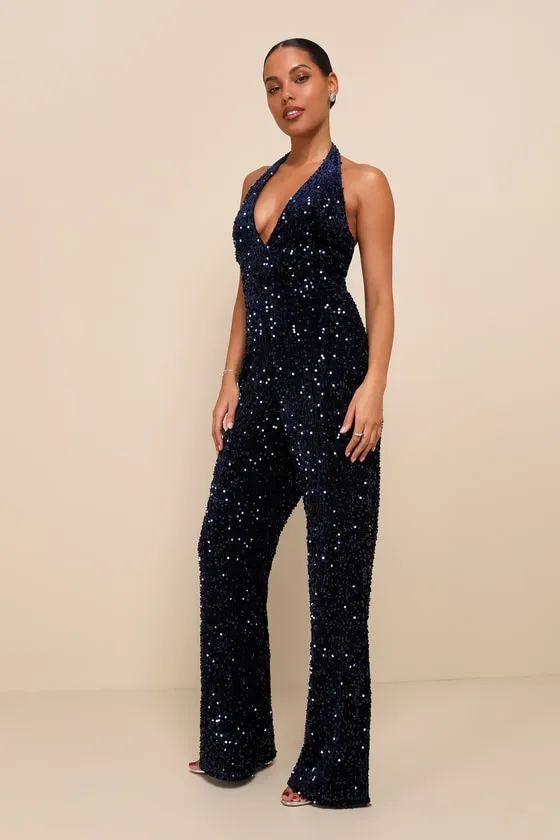 Mesmerizing Diva Navy Blue Sequin Wide-Leg Halter Jumpsuit sold by Lulus product image thumbnail 3