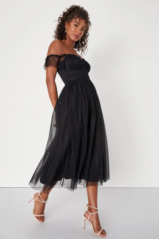 Regal Radiance Black Tulle Bustier Midi Dress sold by Lulus