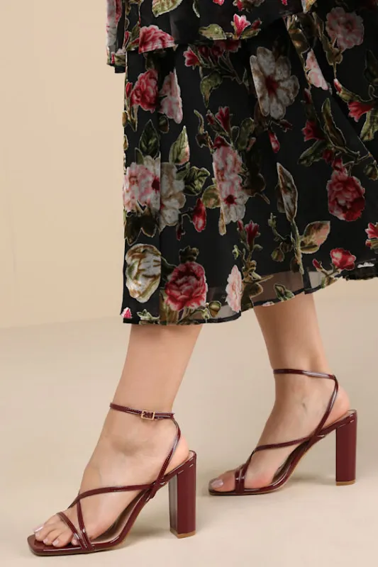 Makennaa Oxblood Patent Strappy High Heel Ankle Strap Sandals sold by Lulus
