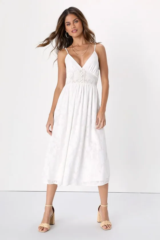 Came to Charm White Burnout Floral Burnout Midi Dress sold by Lulus