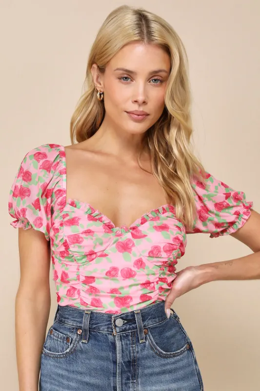 Vibrant Flirt Pink Floral Mesh Puff Sleeve Ruched Bodysuit made by Lulus