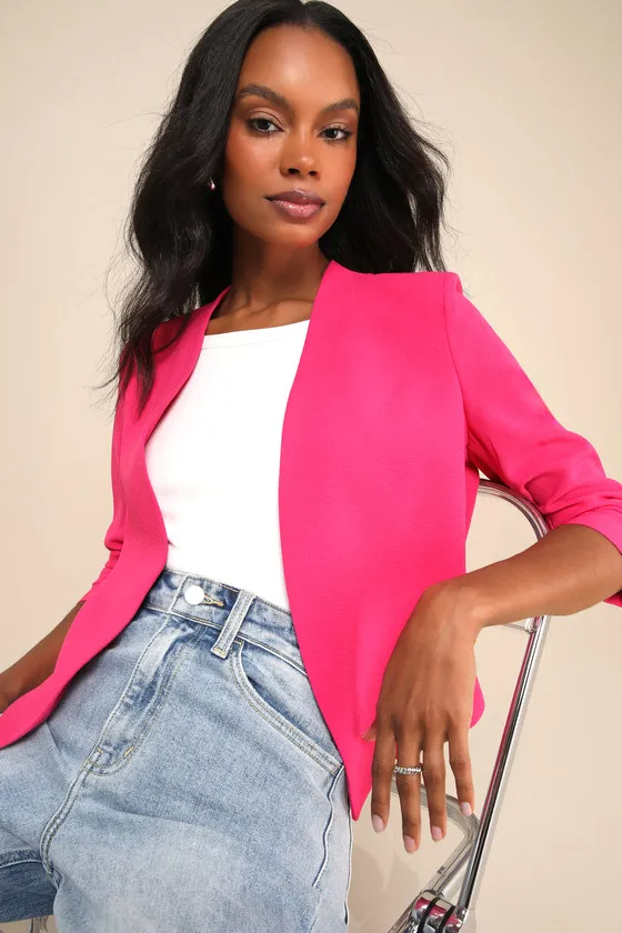 Punctual Perfection Fuchsia Pleated Lightweight Blazer sold by Lulus