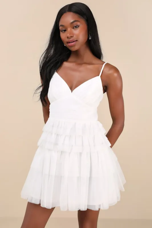 Special Poise White Tulle Pleated Sleeveless Tiered Mini Dress sold by Lulus