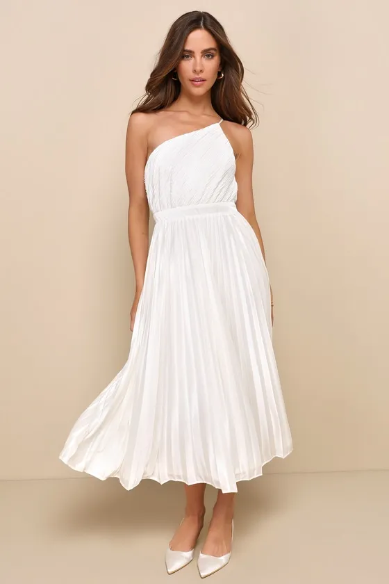 Alluring Marvel Ivory Pleated Satin One-Shoulder Midi Dress sold by Lulus