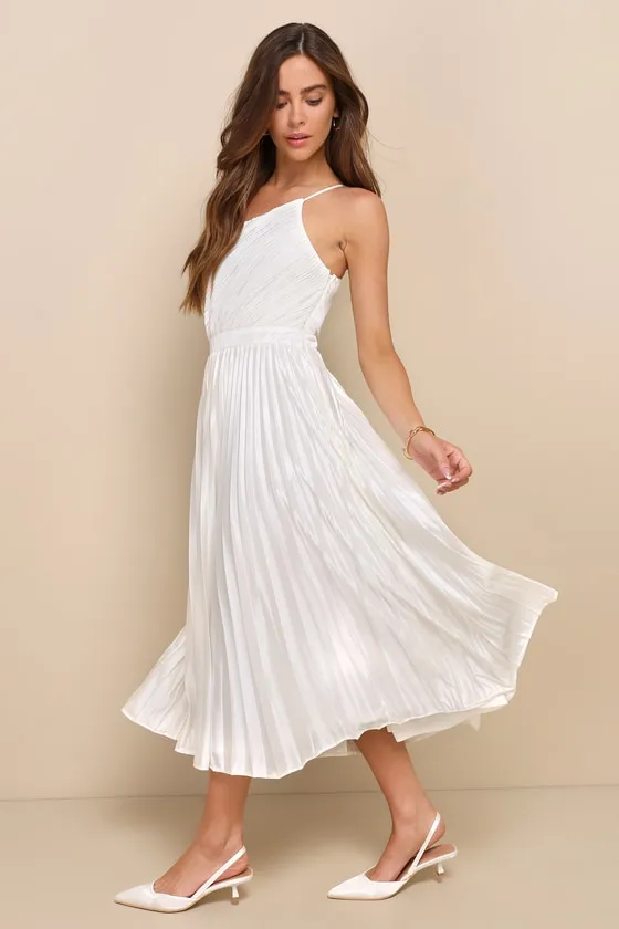 Alluring Marvel Ivory Pleated Satin One-Shoulder Midi Dress sold by Lulus product image thumbnail 4