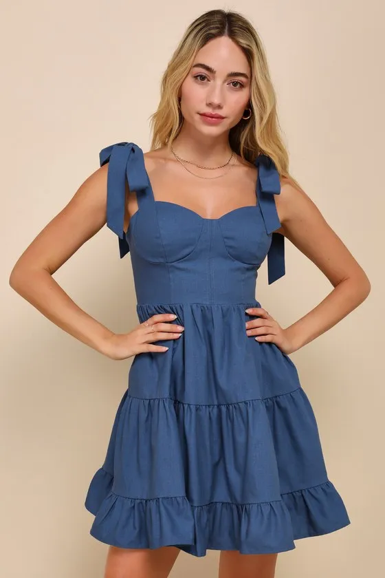 Tier-ly Delightful Blue Tie-Strap Tiered Bustier Mini Dress sold by Lulus