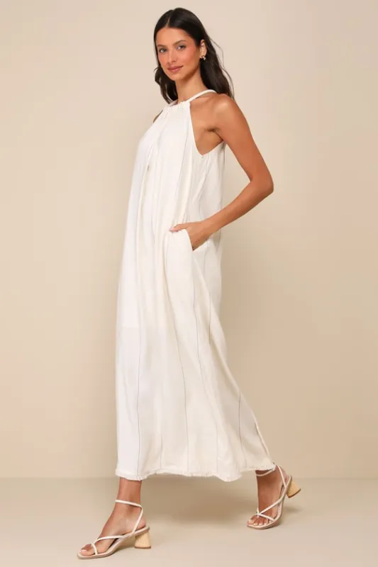 Ainsley Beige Pinstriped Linen Halter Maxi Dress with Pockets sold by Lulus