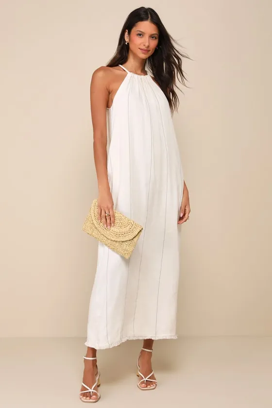 Ainsley Beige Pinstriped Linen Halter Maxi Dress with Pockets sold by Lulus product image thumbnail 3