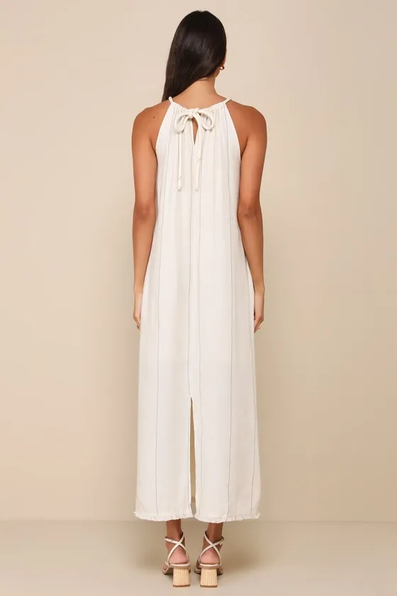 Ainsley Beige Pinstriped Linen Halter Maxi Dress with Pockets sold by Lulus product image thumbnail 4
