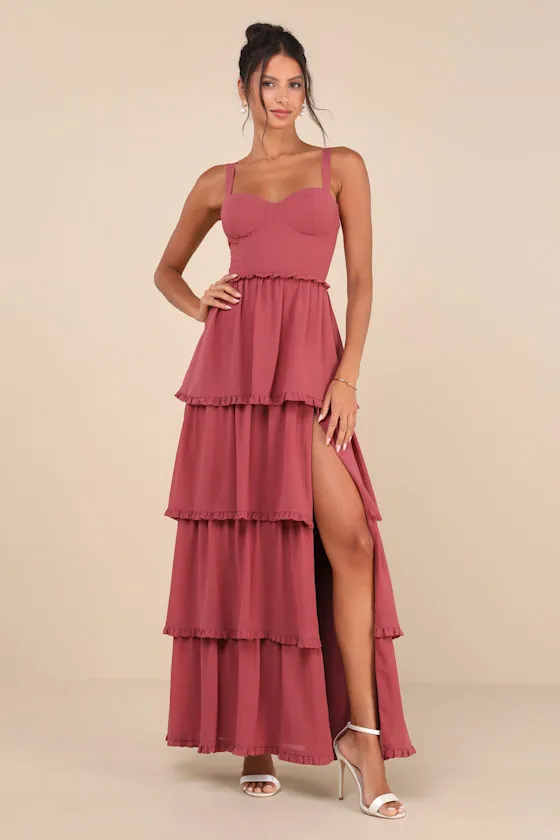Sophisticated Occasion Rusty Rose Bustier Lace-Up Maxi Dress sold by Lulus