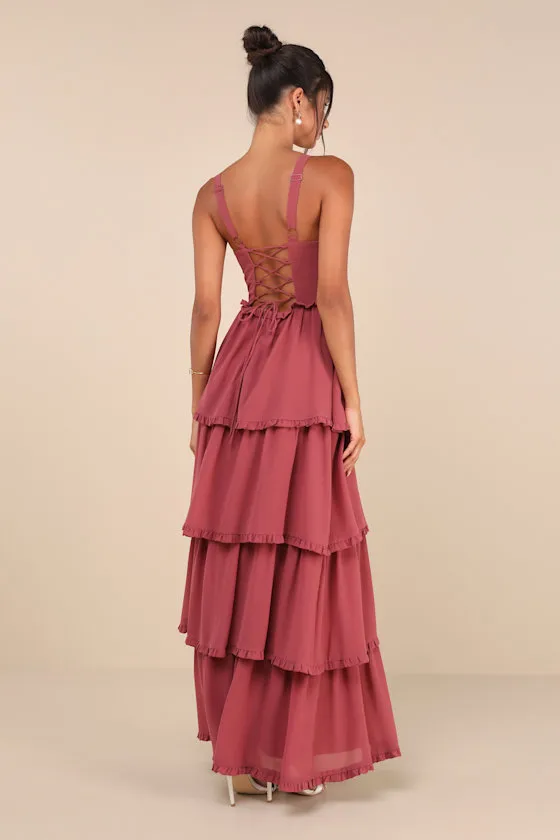 Sophisticated Occasion Rusty Rose Bustier Lace-Up Maxi Dress sold by Lulus product image thumbnail 2