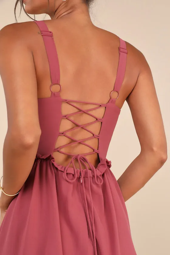 Sophisticated Occasion Rusty Rose Bustier Lace-Up Maxi Dress sold by Lulus product image thumbnail 3