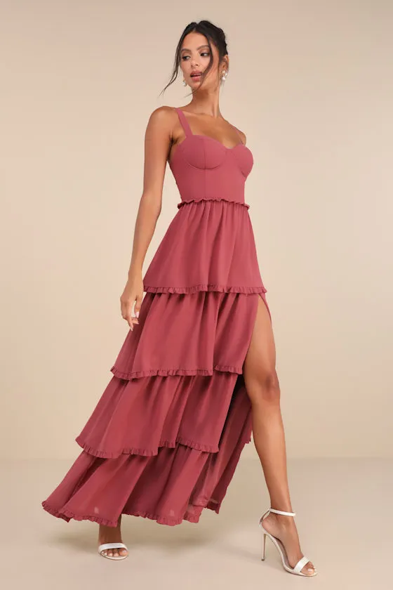 Sophisticated Occasion Rusty Rose Bustier Lace-Up Maxi Dress sold by Lulus product image thumbnail 4