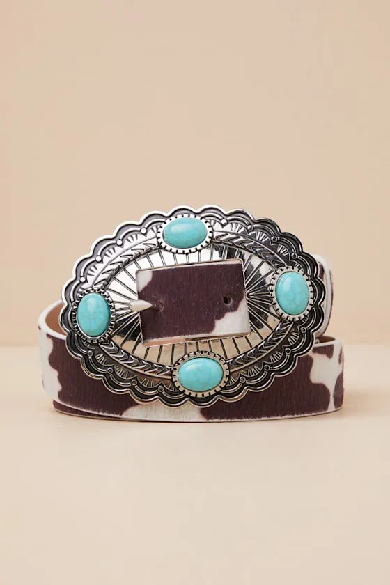 Wild Addition Brown Cow Print Turquoise Concho Belt sold by Lulus