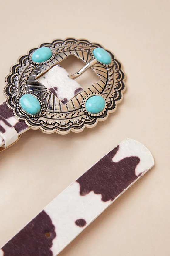 Wild Addition Brown Cow Print Turquoise Concho Belt sold by Lulus product image thumbnail 2