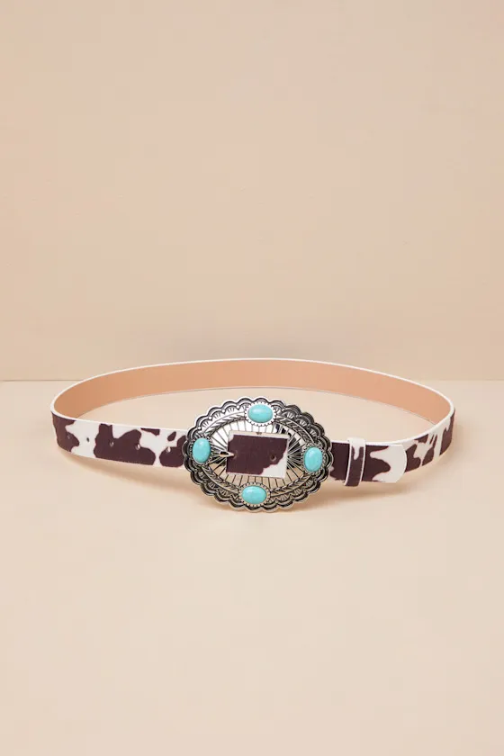 Wild Addition Brown Cow Print Turquoise Concho Belt sold by Lulus product image thumbnail 3