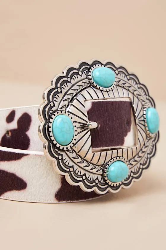 Wild Addition Brown Cow Print Turquoise Concho Belt sold by Lulus product image thumbnail 4