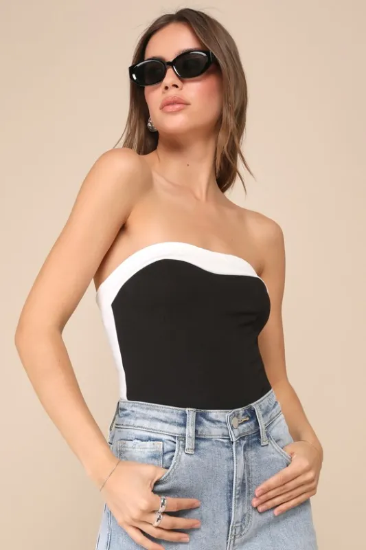 Impressive Edge Black and Ivory Color Block Strapless Bodysuit sold by Lulus