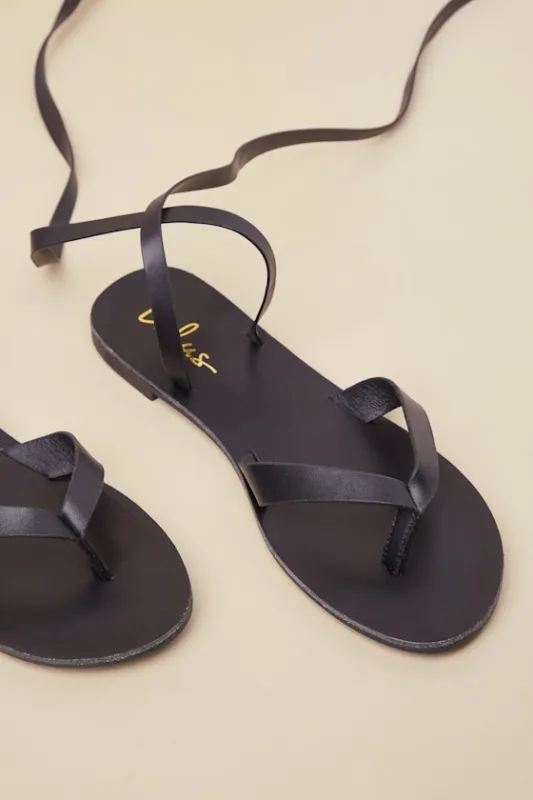 Maire Black Lace-Up Flat Thong Sandals sold by Lulus