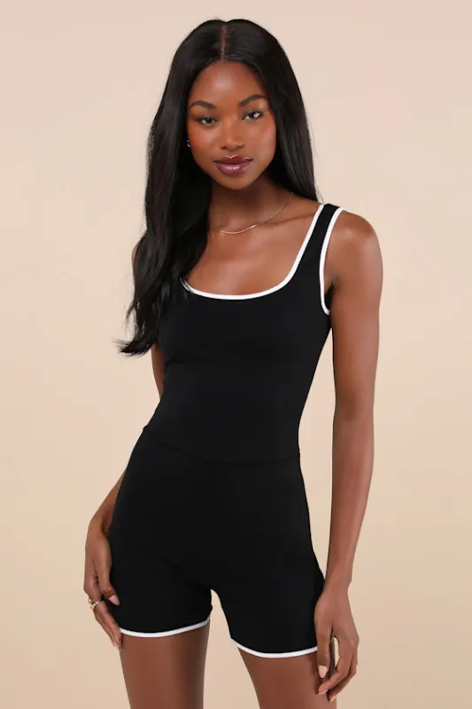 Amira Black and White Embroidered Sleeveless Romper sold by Lulus