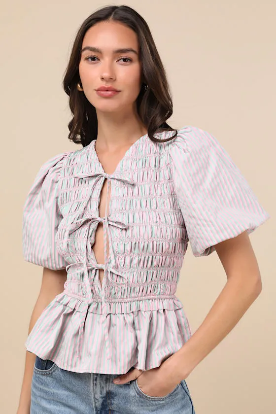 Nevaeh Pink Striped Tie-Front Puff Sleeve Peplum Top sold by Lulus