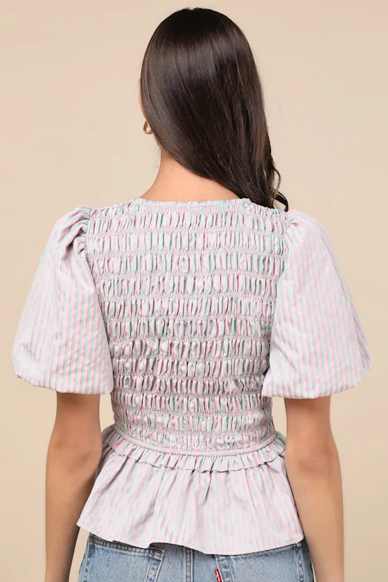Nevaeh Pink Striped Tie-Front Puff Sleeve Peplum Top sold by Lulus product image thumbnail 2