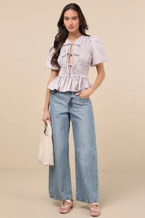 Nevaeh Pink Striped Tie-Front Puff Sleeve Peplum Top sold by Lulus product image thumbnail 3