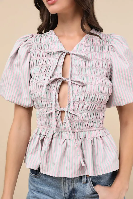 Nevaeh Pink Striped Tie-Front Puff Sleeve Peplum Top sold by Lulus product image thumbnail 4