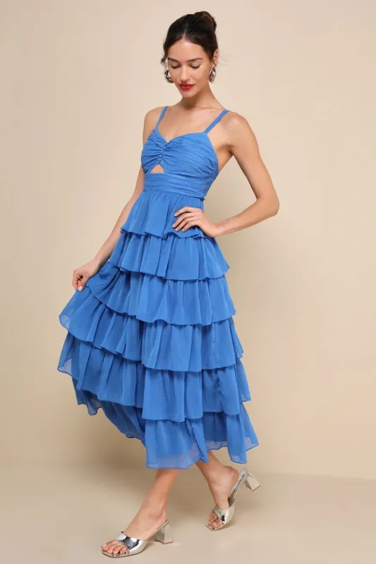 Poised Impression Blue Tiered Ruffled Cutout Midi Dress sold by Lulus