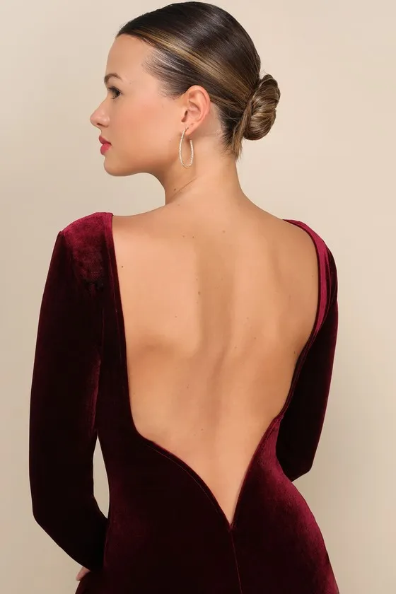 Va Va Voom Burgundy Velvet Backless Long Sleeve Midi Dress sold by Lulus