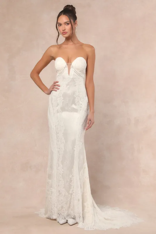 Lovita White Lace Strapless Mermaid Maxi Dress sold by Lulus