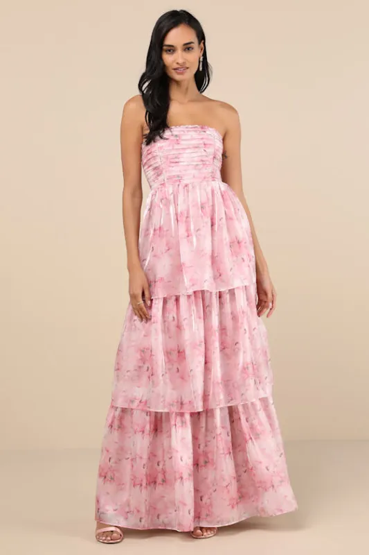Kamella Light Pink Floral Pleated Strapless Tiered Maxi Dress sold by Lulus